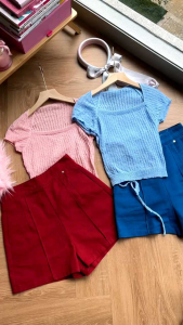 ●ECLAIRE● 043 Setelan Celana lengan Pendek Shortsleeves Motif Polos Korea Kasual Casual Mode Modis Trendy Santai Liburan Import xmobb