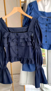 ●ECLAIRE● 043 Blouse Crop Denim Lengan Panjang Longsleeves Leher Persegi Squareneck Korea Feminim Chic Santai Kasual Casual Import boib