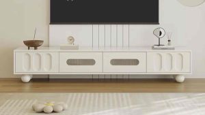 Kệ TV phòng khách CALIBARN cốt gỗ MDF kết hợp kính sóng với chân bi gỗ tròn sang trọng hiện đại KT-07