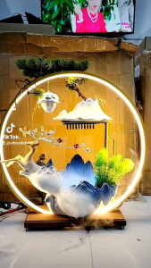 Thác Nước Phong Thủy Tượng Hươu kèm đèn led hào quang trang trí nhà Cửa