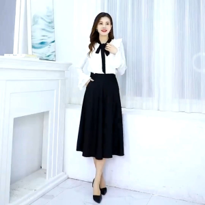 (READY STOCK) Womens Summer Stretchable And Elastic Waist A-Line Office Wear Skirt D3006 - Breathable, Highly Elastic Cotton with Thigh-Length 78CM