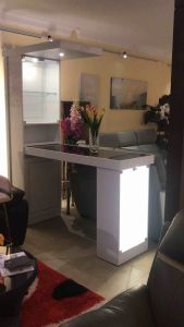 Milan 555 L6.4ft W2.1ft  H7.3ft TRENDY BAR COUNTER SET WITH THE TEMPERED GLASS TOP TABLE + Display Options in the HIGH GLOSS FINISH Accessories & LED Lights.in cluded NEW ARRIVAL. RAYA SALE