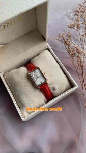 [Original] BNB10788-2513 Bonia Elegance Rectangle Womens Watch with Silver Monogram Dial and Red Genuine Leather | Official Warranty