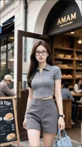 Áo thun nữ cổ bẻ phối dây kéo ôm body xinh xắn - Freesize 35kg - 60kg.