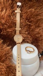 Jam Tangan Wanita Fashion Tali Kulit Analog Kecil Gaya Korea Barsh Kaca Mewah Free Cincin