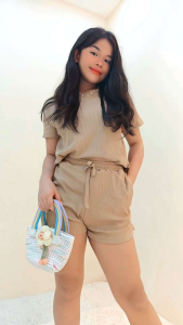 Stella Comfortable Casual Waffle Fabric TOP T-Shirt Terno Short With Two Pockets For Women