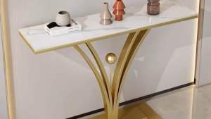 Kệ đứng bàn console trang trí phòng khách cạnh cửa nhà mặt đá chữ nhật với chân kim loại chữ V hai màu BC-31