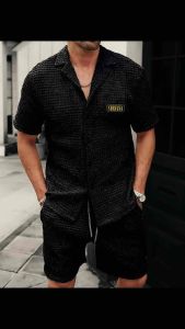 Allstar - Kemeja Rajut Waffle Lengan Pendek Nirvana Distro + Celana Rajut Waffle Polos Distro / Kemeja Rajut Waffle + Celana Rajut Waffle / Kaos Kemeja Kancing / Kaos Kemeja Pria / Kaos Kancing Kemeja / Kaos Kancing