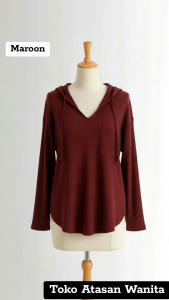 Hoodie Wanita Lengan Panjang Bahan Waffle – Model V-Neck Casual Korean Style