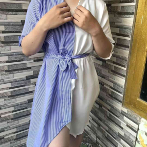 Dress Fashion Korea Unik Mini Dress Semi Kemeja Casual Dress Katun Stripe Remaja zh