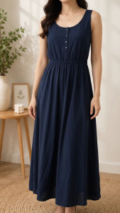PRELOVED Navy Blue Sleeveless A-Line Maxi Dress with Front Buttons & Elastic Waist Fit Medium to Large Size Lightweight Fabric Elastic Waist Sleeveless Design Flowy Fit Mid to Maxi Length