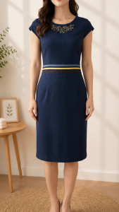 PRELOVED Embellished Denim Sheath Dress with Cap Sleeves – Dark Blue M-L