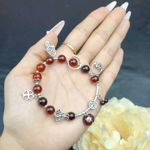 Q902 Lắc Bạc Garnet Ngọc Hồng Lựu Mix Túi Tiền Thạch Anh Tóc Đỏ VIP Hỏa và Thổ - Phong Thuỷ TUDO