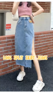 （READY STOCK）High Waist Denim jeans Long Skirt Side Slit Pencil Skirt