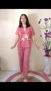 Setelan baju tidur piyama CP lengan pendek celana panjang wanita ukuran standar