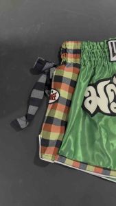 Lumpinee Satin Retro Muay Thai Fight Shorts Green with Checkered Mesh Detail and Ribbons