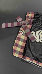 Lumpinee Satin Retro Muay Thai Fight Shorts Black with Checkered Mesh Detail and Ribbons