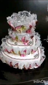 Bekas cincin #30 is a 3 tier designed bekas cincin. A combination of 3 love shape polyfoam covered by flowey lace ans shinny beads and 1 ring box on the top of it