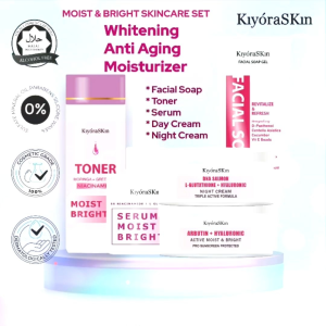 KiyoraSKin Paket Set Facial Soap Toner Serum Day Cream Dan Night Cream Skincare Bright & Moist Face | Rangkaian Brightening Whitening Moisturizer Pembersih Pencerah Pelembab Pemutih Krim Kulit Wajah