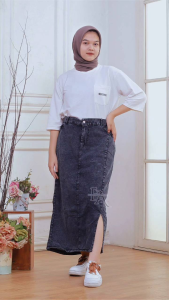 EA Eljics99-Big Size Rok Skirt Jeans Jumbo Wanita Maksi Span Belah Samping Viral Kekinian Haigwaist