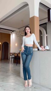 XANNSHOPS  Punny Jeans กางเกงยีนส์ ทรงบอย ผ้ายืด เอวสูง