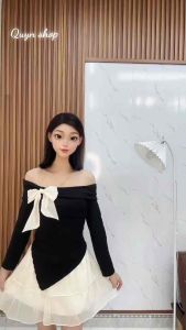 Set 2 Món Gồm Áo Trễ Vai Đính Nơ + Chân Váy Voan Tơ 2 Tầng Có Quần Trong QUYN.017