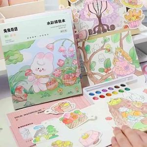 Build in Solid Watercolour Cake Paint Colouring Book With Brush自带固体颜料填色本和水彩笔