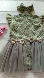 Dress Gaun Pesta Kondangan Anak Bayi 1 Tahun Brukat Tile Sage Green Free Bando Jahitan Tailor