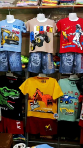 Paket 3 PCS Baju Setelan Anak Cowok Semi Jeans Kaos Motif Random Baju Oblong Anak Lebaran