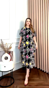 Dress Lowo Bunga Taman Rayon Super Premium Batik Cap Kekinian Busui Friendly / Daster Lowo Cap Simpel Keseharian No Gerah No Ribet Bernafas Berkualitas