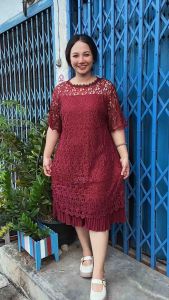 เดรสลูกไม้ผ้ายืดวูลเวฟ ด 223 ลูกไม้ชายระบายพลีทสาวอวบอ้วน ด้านหลังเรียบ งานสวยใส่สบายไซร้ใหญ่