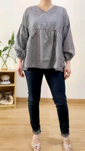 ●ECLAIRE● 063 Blouse Vneck Katun Kotak Square Gingham Babydoll Longsleeves Lengan Panjang Casual Basic 1104