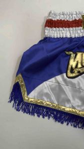 Ram Lumpini Satin Muay Thai Fight Shorts Blue White Red with Strings and Tassels Large