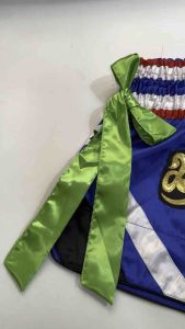 Ram Lumpini Satin Muay Thai Fight Shorts Blue with Light Green Ribbons Large