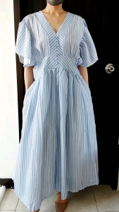 Kode 14010 MARILYN STRIPPED RUFFLE MIDI DRESS - DRESS SALUR ELEGAN SANTAI HANG OUT OOTD KEKINIAN KOREAN STYLE GAUN WANITA