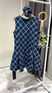 ●ECLAIRE● 043 FREE SCRUNCHIE Dress Mini Peplum Katun Denim Sleeveless Oneck Motif Kotak Geometris Square Korea Feminim Kasual Import ggm