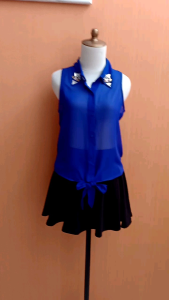 atasan kemeja wanita biru benhur DECREE cewek M L kutung transparan MEWAH belakang model bolong cute