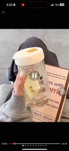 Fruit Infuser Glads Water with Straw and Infuser/Strainer Drinking Straw Cup Portable Clear Glass Bottle 550ML