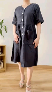 ●ECLAIRE● 063 Dress Mini Katun Vneck Lengan Pendek Shortsleeves Pocket Basic Polos Kasual Casual Kerja Kantor Santai 935