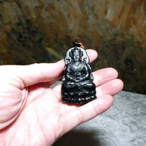 Premium deep greenish Nephrite double sides cravings Green Tara (Guan Yin) Jade pendant/handheld (with certificate) [Natural Crystal] 和田玉塔青墨绿双面雕刻绿度母(观音)吊坠/手把(带证书)