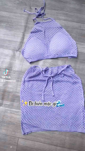 SET BIKINI LEN TÍM CỔ YẾM PHỐI CHÂN VÁY (CÓ MÚT NGỰC)