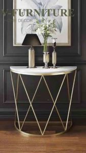 Kệ đứng bàn Console trang trí phòng khách nhà cửa mặt đá nửa hình Elip chân kim loại kiểu nan hoa sang trọng BC-02