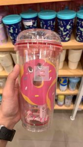 MINISO Botol Minum Happy Food 2 Lapis 480 mL Dengan Sedotan / Happy Foods Collection Double Wall Plastic Cup with Straw 480 mL