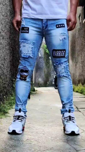 Celana Jeans Sobek Pria Panjang Emblem Stretch Melar Denim Tebal Slimfit Skinny Size 28-33