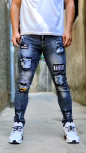Celana Jeans Sobek Pria Emblem Stretch Melar Denim Tebal Slimfit Skinny Size 28-33