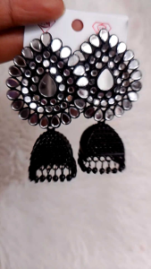 LARGE SIZE BLACK COLOR SILVER STONE JHUMKA EARRINGS
