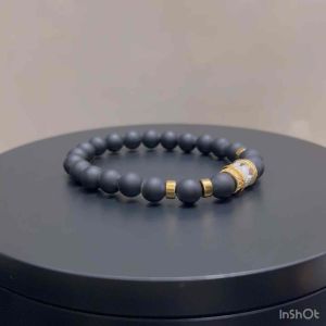 CW Manila - CR0NOS Stretch Bracelet - 8mm Matte Onyx Stone with CZ Micro Pave Tube and Gold Spacer - Semi-precious Stretch Bracelets