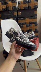 SEPATU MAHONK SLIPON TERBARU BAHAN CANVAS CREAM BLACK