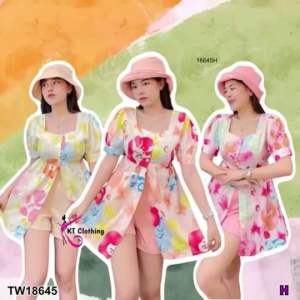 🌸FF18645🌸พร้อมส่ง ส่งไวมาก  ชุดเซท 3ชิ้น เสื้อแต่งกระดุมด้านหน้ามาพร้อมกางเกงขาสั้น และหมวก 🧡💛