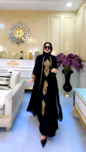 [Abaya Islami] Dress Mewah Hitam Bordir Gold Payet Swarosky Double Ceruty